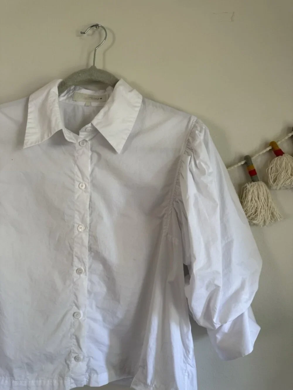 Zara White Puff Sleeve Button Down Collared Top Cotton Modest Preppy Minimalist